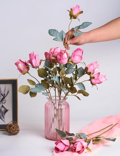 PONKING Rose Artificial Flower Buds 12pcs Realistic Faux Silk Roses Fake Flowers Bouquets Arrangements Decor for Wedding Spring Mother's Day, Home Table Decorations, Light Magenta Flower - color: C 12pcs Light Magenta Rose