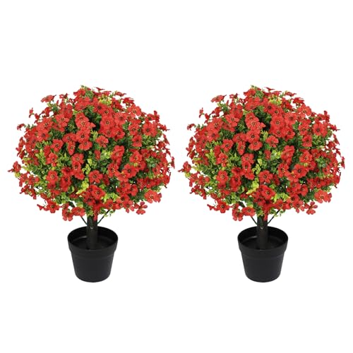 24" Artificial Potted Plants Outdoor Set of 2, UV Resistant Faux Red Daisy Mums Flowers with Eucalyptus, Decorative Plants in Pots for Front Porch, Patio & Entryway - color: Red, size: 24in Daisy Eucalyptus