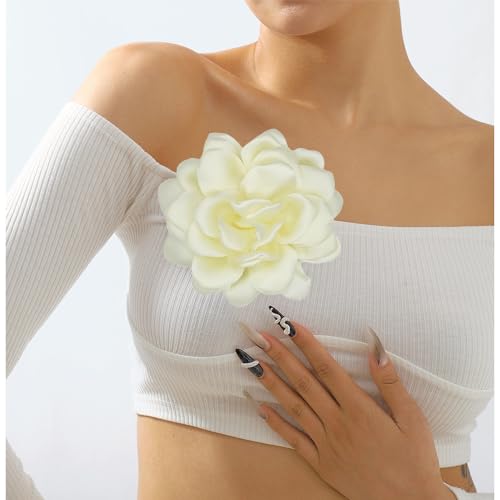 Large Flower Brooches Lapel Pins for Women Satin Fabric Brooches Big Camellia Flower Brooch Pins Wedding Part Dance Clothes Accessories Jewelry Gifts - color: beige