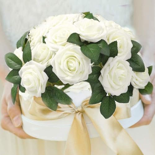 Higfra Artificial Flowers 50 Stems Realistic Roses - Lifelike Fake Flowers for Wedding Bouquets, Baby Shower Decor, Home Centerpieces, DIY Floral Arrangements (Cream, 50Pcs) - color: Cream, size: 50Pcs