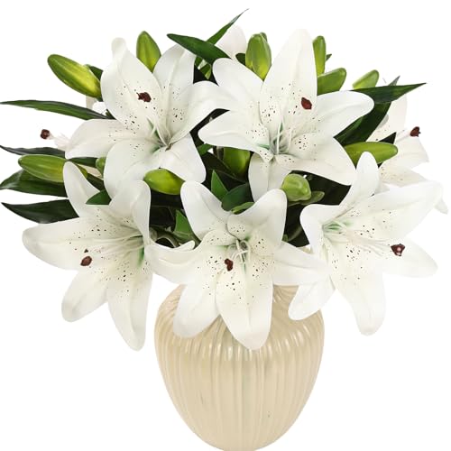 Kimura's Cabin 6Pcs Tiger Lily Artificial Flowers Real Touch Fake Lilies with Stems Faux Lilies Bouquet for Wedding Floral Arrangements Easter Home Table Centerpiece Office Decor(White) - color: White