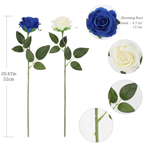Tifuly Roses Artificial Flowers - 12 pcs Realistic Long Stem Fake Roses Mashup Style Silk Roses for DIY Bouquets Wedding Centerpieces Arrangements Home Party Decor（White & Blue） - color: White & Blue