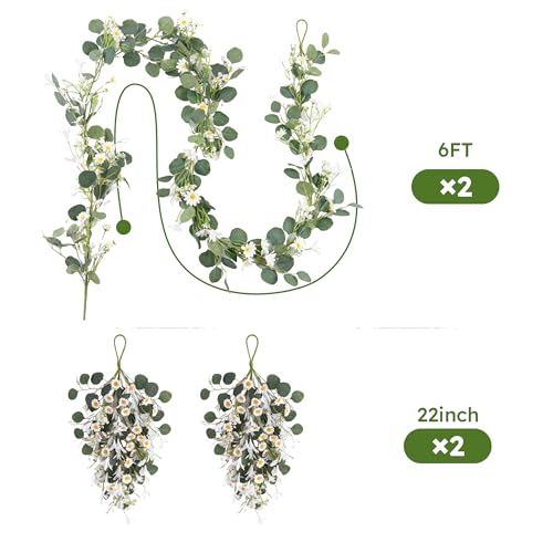 Pinkpum 20'' Eucalyptus Wreath 22'' Daisy Teardrop Swags Set 4 for Front Door Fireplace Hanging Porch Wall Home Window Kitchen Decor Farmhouse Garden Party Indoor Outdoor Summer Spring Fall - color: White Set 3, size: 20''
