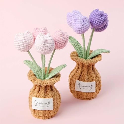 Crochet Tulip Flower Plant, Small Cute Handmade Knitted Flowers with Vase, Small Crochet Potted Artificial Flower Plants for Desk Home Car Dashboard Office Decorations (Tulip-Purple) - color: Tulip-purple