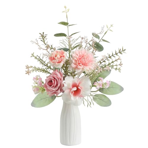 Small 11" Artificial Flowers in Ceramic Vase - Pink Silk Flower Centerpiece for Dining Table, Office, Wedding & Farmhouse, Home Decor Gifts - color: Pink