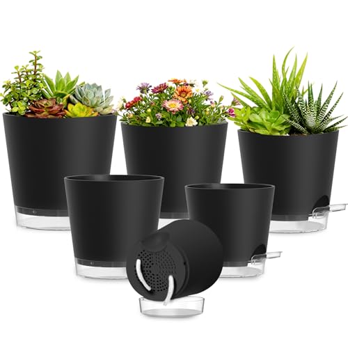 Plant Pots 4/5/5.5/6/6.5/7 Inch Self Watering Pots, 6 Pack Plastic Planters with Drainage Holes and Clear Saucers,Plastic Flower Pots,Nursery Planting Pot for Indoor Out Door Plants(Black) - color: Black, size: 4/5/5.5/6/6.5/7 inch