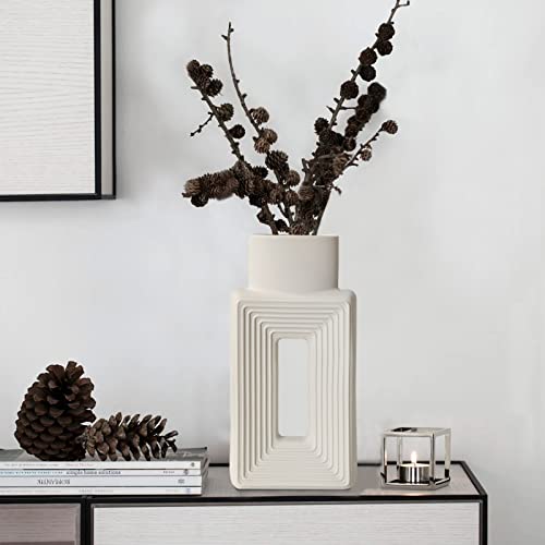 White Ceramic Vase Set of 2，Square Vase Rustic Home Decor Minimalist Nordic Boho Style for Living Room, Shelf, Table, Bookshelf, Mantel and Entryway Decor Vases - color: Square White