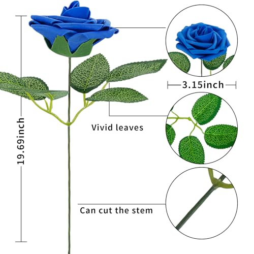 [25 PCS] Royal Blue Roses Artificial Flowers with Long Stem Real Touch Fake Foam Roses for Decoration DIY Wedding Bouquets Centerpieces Bridal Shower Mothers Day Party Flower Arrangements Home Decor - color: Royal Blue