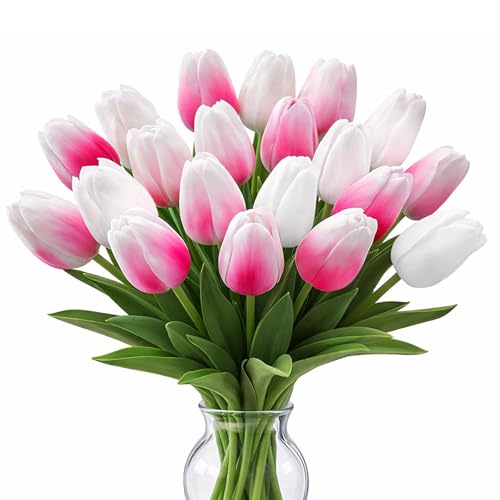 20 Pcs Tulips Artificial Flowers, 13.5'' Real Touch PU Fake Flowers Bouquet for Home Party, Spring Wedding Floral Arrangement, Valentine's, Easter and Mother's Day Decor (White,Rose Red) - color: White,rose Red