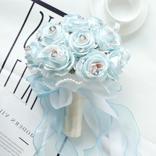 Faylapa Wedding Bouquets for Bride Bridesmaid Hand Bouquet Diamond Artificial Flowers for Wedding Marriage Proposal Party Valentine's Day Church Home Decoration (Light Blue) - color: Light Blue, size: 7.87 inch diamond bouquet