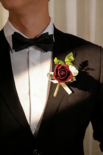 6PCS Red Boutonniere for Men,Burgundy Boutonniere Pins for Groomsmen Guest, Artificial Flowers for Wedding Decor Prom Homecoming - color: Red