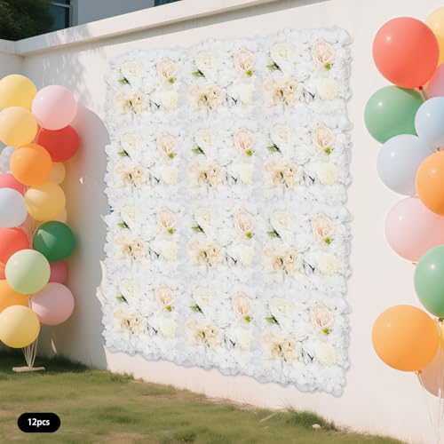 Artificial Flower Wall Panels, Set of 12 White Dahlia Rose Hydrangea Backdrop, Silk Fabric with 100 Cable Ties, Reusable Party Wedding Home Wall Decor (15x16 Inch) - color: White