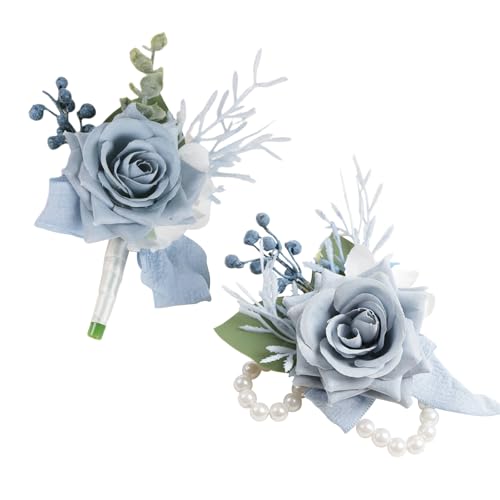 Alizeal 2Pcs of Wrist Corsage and Boutonniere Set, Artificial Flowers Accessories Suit Decor for Wedding Prom Party Homecoming Ceremony, Haze Blue - color: 701-haze Blue