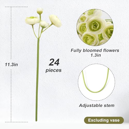 24 Stems Artificial Ranunculus Flowers - 96 Bloom Faux Silk Ranunculus Bouquet for Wedding Decorations, Home Décor, Holiday Arrangements & Large Event Centerpieces (Whitegreen) - color: Whitegreen