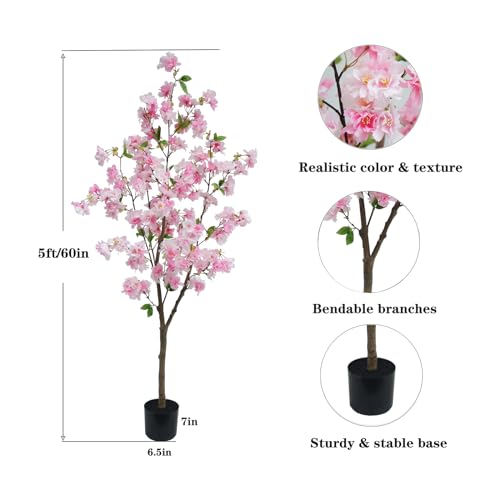 5FT Artificial Pink Cherry Blossom Tree, Faux Sakura Flower Tree in Pot, Fake Flowering Tree for Home Decor, Wedding, Party, Living Room & Office Decoration - color: Pink, size: 5ft
