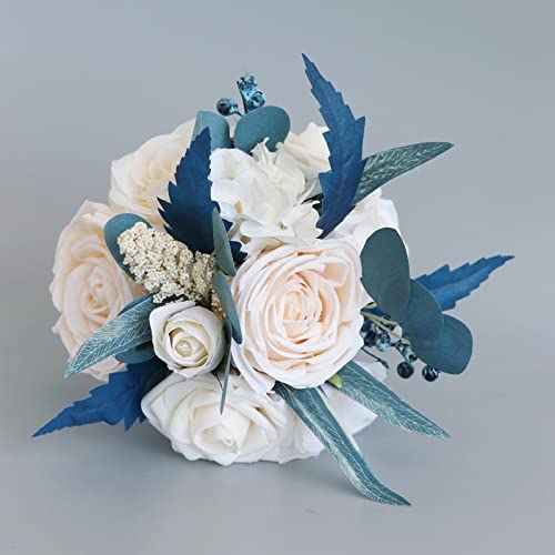 MOJUN Dusty Blue Wedding Bouquets for Bridesmaid, Set of 6, Artificial Rose Bridal Bridesmaid Bouquets for Wedding Ceremony Anniversary Bridal Shower Party Home Decorations, 6 Pack - color: Dusty Blue Bouquet B 6pack