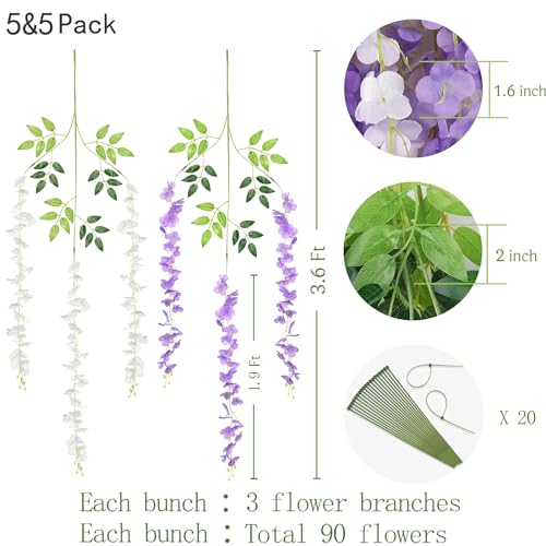 BLEUM CADE 10Pcs White & Purple Fake Wisteria Hanging Flowers, 3.6Ft/Pcs Artificial Wisteria Garland, Hanging Flowers for Wedding Party Home Backdrop Wall Decoration - color: White & Purple, size: 10pcs