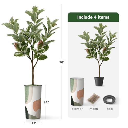 Artificial Tree in Multicolor Textured Geometric Shapes Illustrations Planter, Fake Rubber Silk Tree for Indoor and Outdoor Home Decoration - 70" Overall Tall (Plant Pot Plus Tree) - style: Rubber