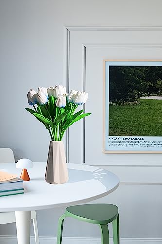 SITUMEIZI 15pcs Fake Tulips Artificial Flowers Real Touch 14" PU Flower for Home Kitchen Decor Spring Easter Wedding Bouquet Decorations Office Floral Arrangements(Blue on White) - color: Blue Base