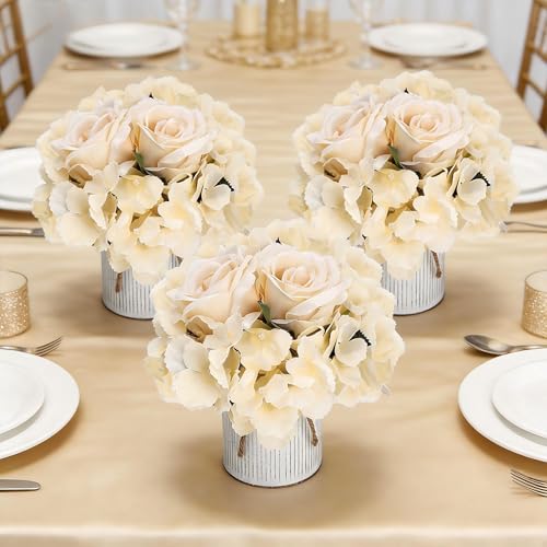 Flower Table Centerpieces - Set of 6 Floral Arrangement Artificial Wedding Hydrangeas Floral Arrangement with Rustic Metal Vase for Bridal Tea Party Event Decorations - Champagne - color: Champagne