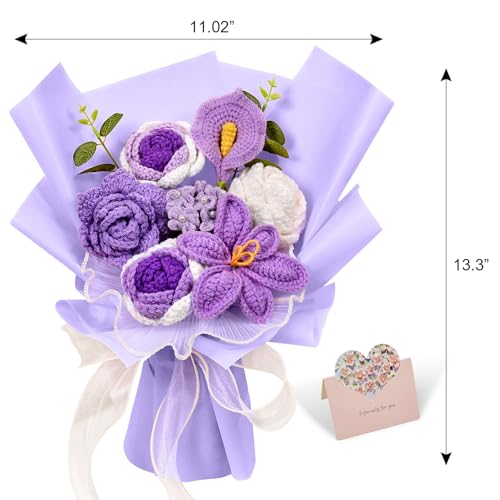 Knitted Flower Bouquet, Crochet Tulip Rose Calla Lily Flowers Bouquet for Mother's Day, Anniversary, Birthday, Home Décor, Gifts for Mom, Grandmother, Teachers, Friends, Purple - color: Purple