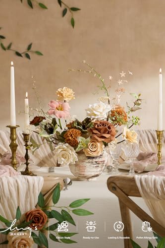 Ling's moment Fake Flowers Box, Faux Artificial Greenery Stems Foam Roses Dahlia Gardenia Tulip Silk Carnation Fabic Flower for Centerpieces Bouquet Wedding Vase, Apricot & Peach, Deluxe Combo - color: Or-apricot & Peach, size: Deluxe