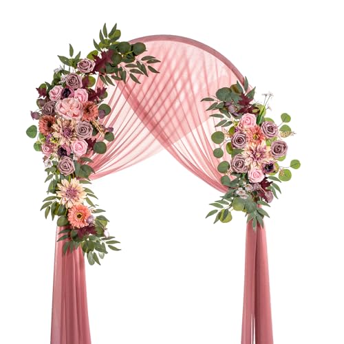 Lisuun Artificial Wedding Arch Flowers with Chiffon Runner, Pack of 3 | Includes 2 Flower Swags, 1 20ft Chiffon Runner and Zip Ties for Wedding Arches, Arbors and Backdrops - color: Dusty&blush