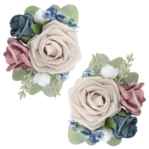 2pcs Wedding Shoulder Corsage Artificial Flowers Navy Blue Pink Fake Rose Flowers for Girl/Mother Homecoming/Prom Bride Bridal Anniversary Party Corsages Wrist Decor (Navy Blue Pink) - color: Navy Blue Pink