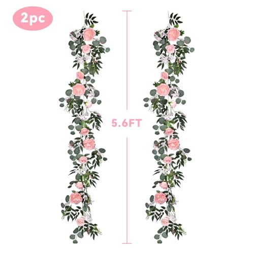 Lvydec 2 Pack Artificial Peony Flower Garland - 6ft Silk Peony Vine Willow Leaves and Eucalyptus Garland White Arch Flower Vine for Wedding Party Table Decoration (Pink) - color: Pink