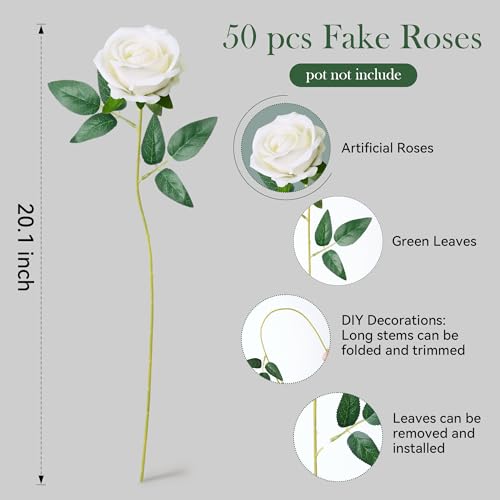 50 PCS White Roses Artificial Flowers, Real Looking Fake Roses with Long Stems Silk Flowers for DIY Wedding Bouquet Party Celebration Home Bridal Shower Decoration Valentine's Day Gift for Her Wife - color: White