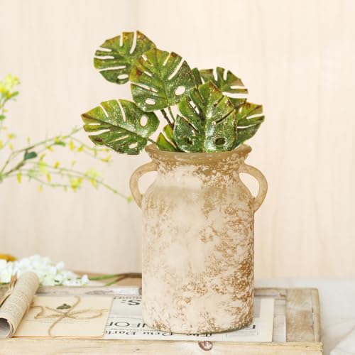 Glass Flower Vase with Handle- 8 Inches Rustic Imitation Ceramic Vase for Flowers, Vintage White Brown Centerpiece Decorations for Farmhouse, Modern Home, Table & Holiday Decorations - color: White Brown