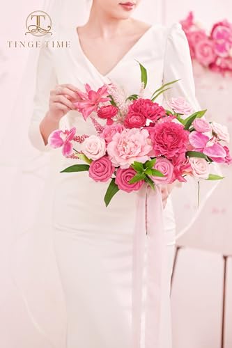 TINGE TIME 11 Inch Wedding Bouquets for Bride，HotPink Artificial Flowers Bouquet， Brides & Bridesmaids Bouquet for Wedding Anniversary Ceremony Bridal Shower Decorations - color: Hot Pink