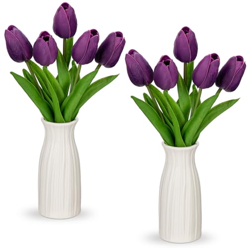 Briful 2 Packs Faux Flowers Artificial Tulips with Ceramic Vase, Poly Foam Purple Tulips Real Touch Flower Arrangement for Home Kitchen Wedding Centerpiece Decoration - color: Dark Violet