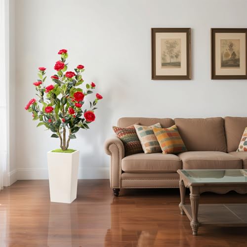 Romantic Season 4FT Artificial Camellia Tree with White Tall Planter, Red Faux Camellia Plant Flower Tree for Modern Home Office Living Room Floor Décor Outdoor Indoor，Red - color: Red