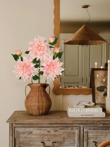 Artificial Dahlia Flowers – Set of 3 | 27.9" Tall Real-Touch Silk Dahlia Stems with Large 6.1" Blooms | Lifelike Soft Pink Faux Flowers for Home Decor, Wedding, Centerpieces & Floral Arrangements - color: Soft Pink