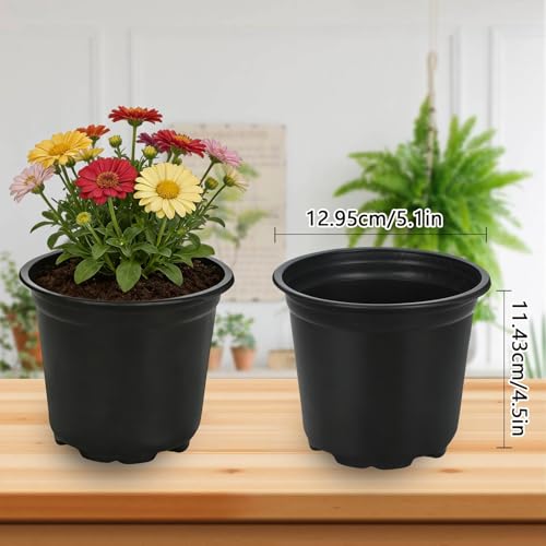 Augshy 110 Pcs 5 Inch Black Plastic Plant Pots, Nursery Pots for Succulents Seedlings, Small Plant Pots with Drainage Holes, Plastic Garden Pots for Home Gardening - size: 5 Inches