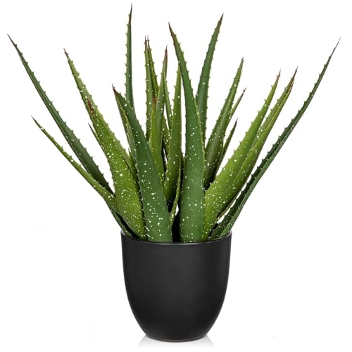 GnFlus Large Fake Succulent Aloe Vera Plants 16.5 Inch Artificial Succulents with Black Pot Faux Aloe Potted Plant for Desk Modern Home Office Bedroom Living Room Table Shelf Decor - color: Green