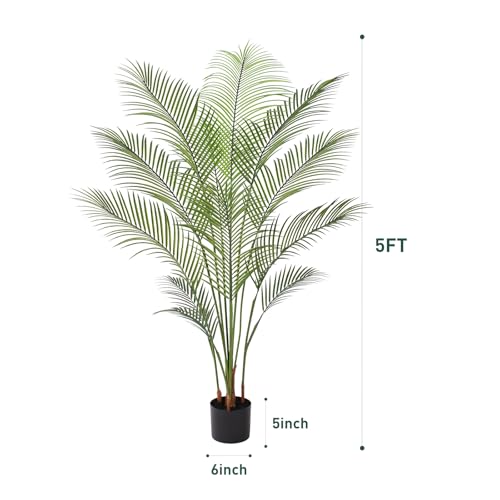 Artificial Palm Tree 5FT Tall Faux Palm Tree Indoor Fake Plants Faux Tropical Plant, UV Resistant & Maintenance Free Indoor/Outdoor Fake Tree in Pot for Home Office Living Room Patio Decor - style: 5FT Fine Leaved