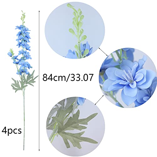 FERIAL Blue Silk Larkspur Flowers 4pcs Artificial Delphinium Faux Snapdragon Long Stem Fake Plant Spray Arrangement for Home Decor Indoor Outdoor Office Garden Wedding Table Vase Decor (Blue) - color: Blue