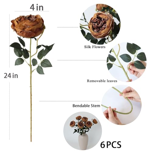 mizii 6Pcs Burnt Orange Artificial Roses Flowers Fake Silk Roses Flower with Long Stem for Wedding Decorations Table Centerpieces Flower Arrangement Home Decor (Burnt Orange) - color: Burnt Orange