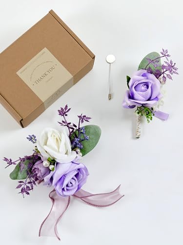 SITUMEIZI 2Pcs Purple Corsage and Boutonniere Set Wrist Corsage Bracelets and Boutonniere for Men Wedding Prom Party Suit Decor - color: Purple