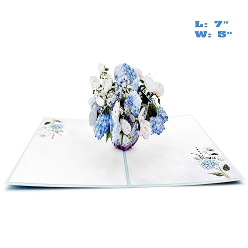Blue Hydrangea and Rose Flower Bouquet Pop Up Card, 3D Blooming Love Greeting Card for Birthday, Mothers Day, Valentines Day, Anniversary, Congratulations, Thinking of You, All Occassions by Teabug