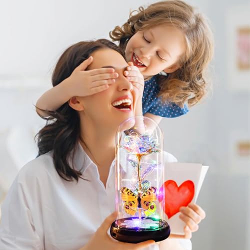 Mothers Day Rose Gifts for Mom Birthday Gift for Women, Rechargeable Galaxy Glass Rose in Glass Dome Colorful Crystal Flower Butterfly Mother's Day Flowers Gifts for Women Mom Wife Grandma Daughter - color: Usb-a Gold
