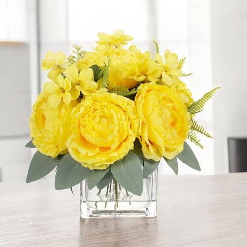ENOVA FLORAL Artificial Flower Arrangement with Vase,Mixed Artificial Silk Peony Flower in Vase for Decoration Home Office, Wedding Centerpiece (Yellow) - color: Yellow