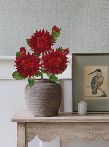 Artificial Dahlia Flowers – Set of 3 | 27.9" Tall Real-Touch Silk Dahlia Stems with Large 6.1" Blooms | Lifelike Red Faux Flowers for Home Decor, Wedding, Centerpieces & Floral Arrangements - color: Deep Red