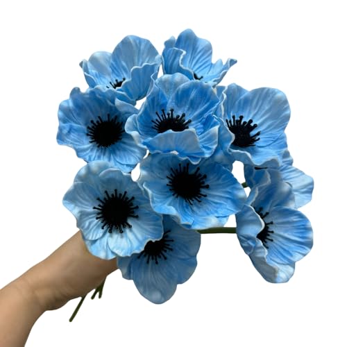 Rikyo 10 pcs Artificial Flower Light Blue Poppy Flowers, 11” Outdoor No Fade Multicolor PU Fake Wild Flower for Kitchen Table Centerpiece Vase,Home Greenery Wedding Holding Flowers Backdrop Arch Wall - color: Light Blue