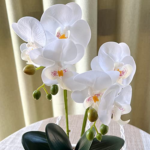 Artificial Orchids for Home Decor Indoor Silver Vase Orchids Artificial Flowers(White） - color: White