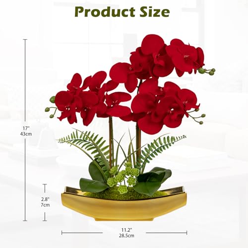 Briful Orchid Artificial Flowers 17" Silk Red Orchid Floral Arrangement with Gold Pot Real Touch Faux Orchid Plant for Home Office Room Kitchen Table Centerpiece Shelf Decor - color: Red Gold
