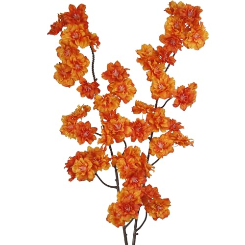 2 Pcs Artificial Cherry Blossom Flowers Branches 41" Faux Cherry Blossom Long Stem Orange Silk Cherry Blossom Tree Tall Fake Flower Arrangement for Home Wedding Centerpieces Spring Indoor Decor - color: Orange