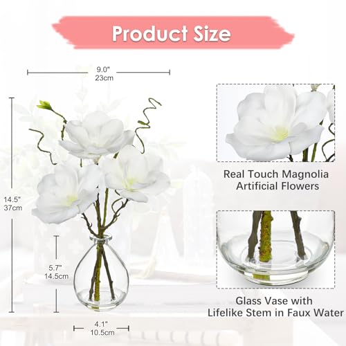 DILATATA Faux Flowers in Vase 14.5" Magnolias Flowers Arrangement with Faux Water Real Touch Flowers for Wedding Table Centerpiece Home Decor, White - color: White-magnolia#2
